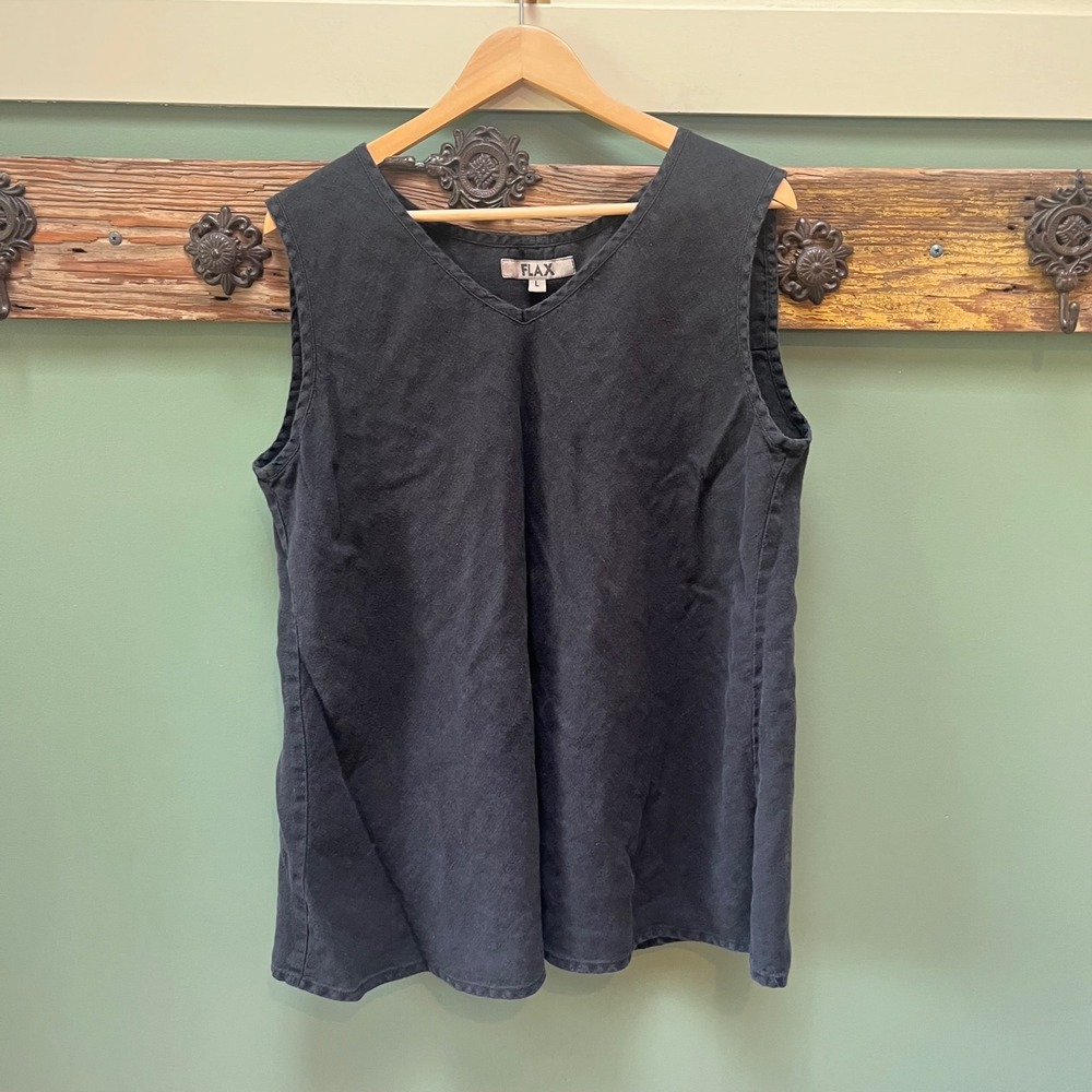 FLAX Women L Black 100% Linen V-Neck Sleeveless Tank Top Relaxed Fit Lagenlook